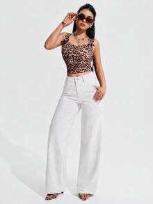 SHEIN PETITE 女款條紋直筒寬鬆休閒百搭牛仔褲 - 白色 - 查看 3