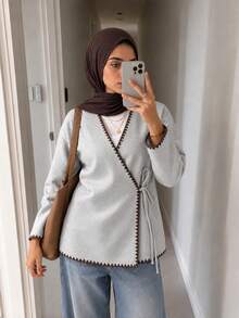 Solavon Women's Vintage Shell Embroidery Contrast Color Tie-Up Long Sleeve Overcoat - Light Grey - View 1