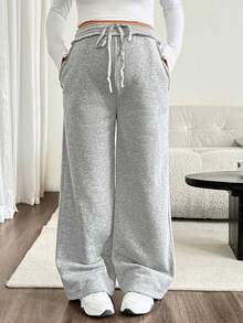 SHEIN Maternity Casual Versatile Sweatpants With Pockets And Drawstring Waist For Daily Wear - Grey - View 3