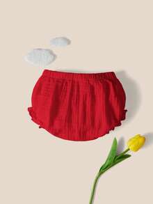 SHEIN Newborn Baby Minimalist Comfortable Soft Textured Ruffle Hem Elastic Waist Bottoms,Kids - Red - View 3