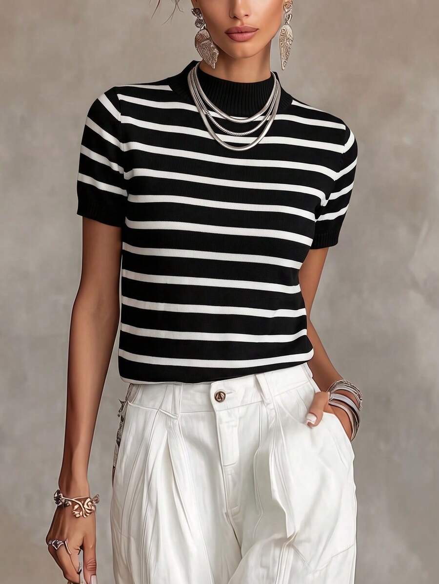 Pariaura Blusa de punto de cuello redondo de manga corta con estampado de rayas elegante y entallada - Negro - Ver 1