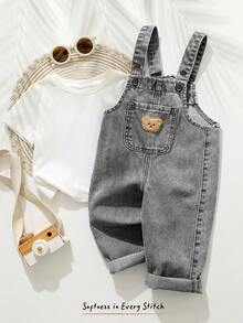Cozy Pixies Baby Boy Summer Bear Embroidery Pocket Denim Bib Pants - Light Grey - View 4