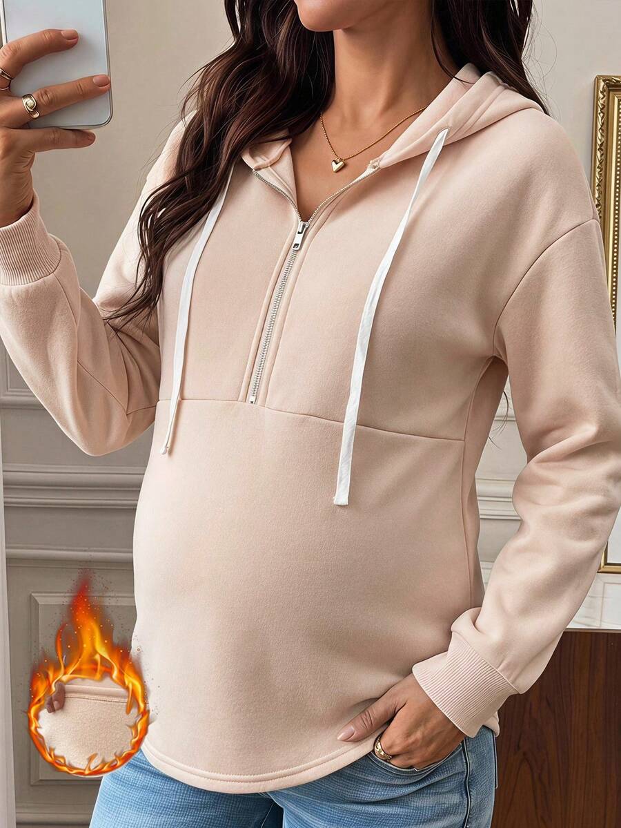 SHEIN Maternity Drawstring Hooded Casual Versatile Daily Wear Sweatshirt Winter - Apricot - View 1
