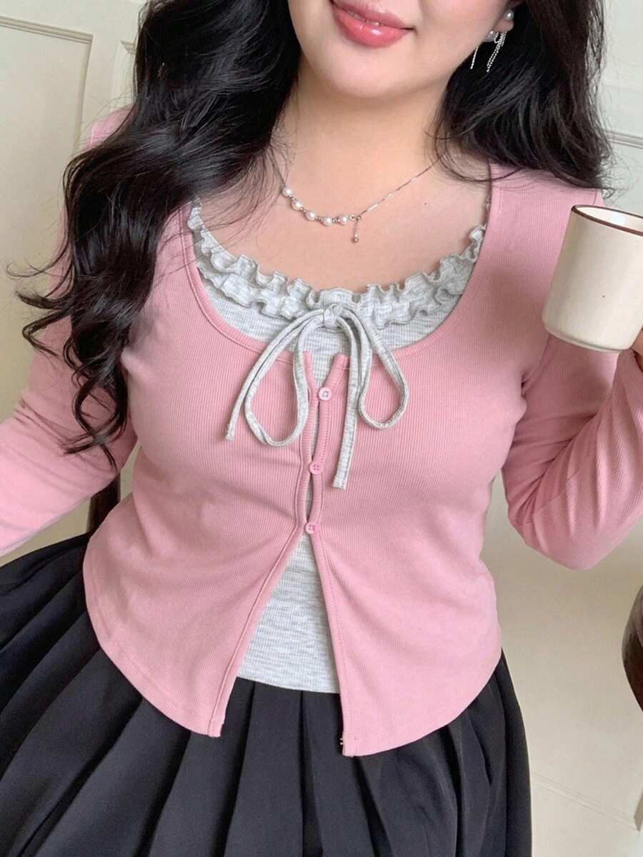 Dazy Plus 夏季 2 合 1 荷葉邊蝴蝶結肩帶短袖修身短版性感大尺碼女款 T-shirt 秋季 - 粉色 - 查看 1