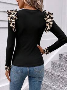 SHEIN Clasi Women's Patchwork Leopard Print Ruffle Long Sleeve Slim Fit Casual T-Shirt - Multicolor - View 2