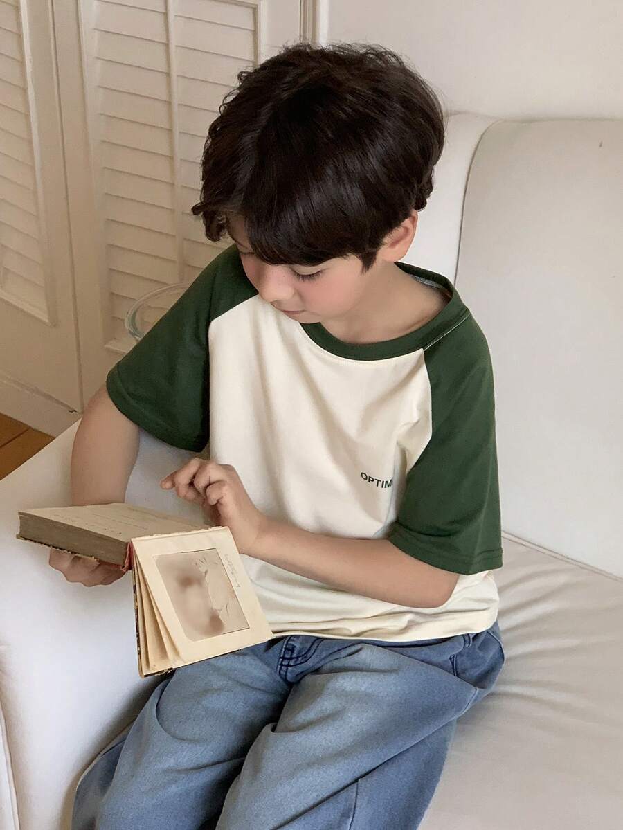 DAZY Young Boys' Casual Contrast Raglan Sleeve Round Neck T-Shirt Summer - Green - View 1
