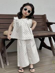 Dazy Kids 2pcs Young Girl Girls Sleeveless Allover Print Shirt + Woven Pants Set, Spring/Summer Vacation Thin Clothing - White - View 4