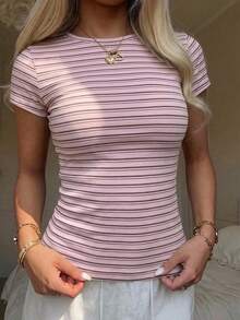 CovetEZ 女款休閒修身短袖條紋T恤，夏季服飾，街頭風，適合日常通勤、約會、派對，秋季/冬季 - 彩色 - 查看 7