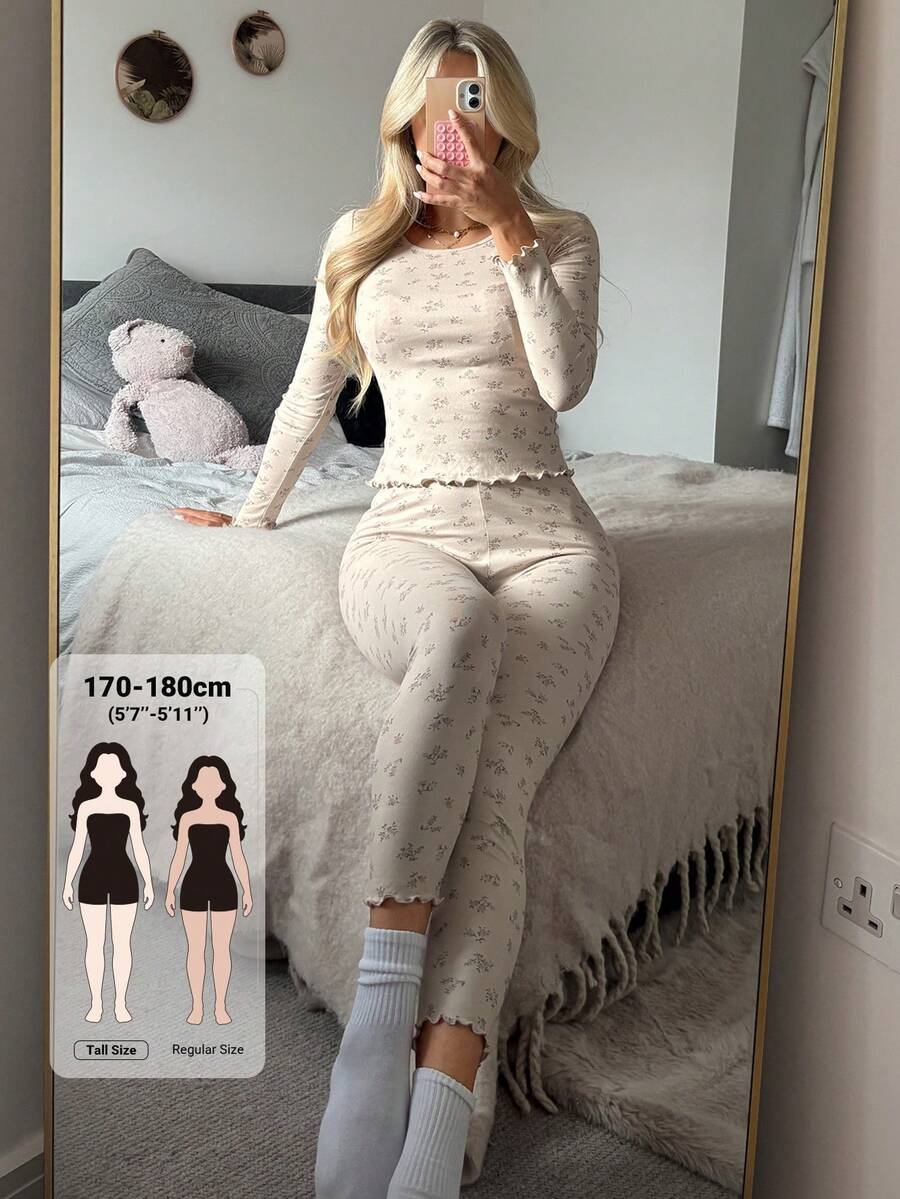 Dazy Tall Women's Ditsy Floral Fitted Long Sleeve Top And Pants Casual 2 Pieces Set Fall Vacation - Apricot - View 1