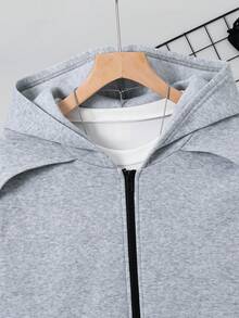 SHEIN 青少年男孩灰色寬鬆花卉圖案拉鍊連帽衛衣，都市風圖案，冬季開學季 - 灰色 - 查看 4