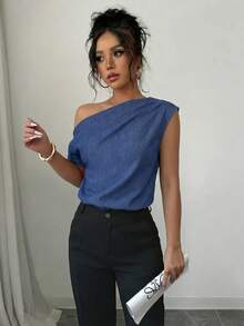 SHEIN Privé Women's Asymmetric Neck Ruched Casual Versatile Everyday Denim Top - Blue - View 5