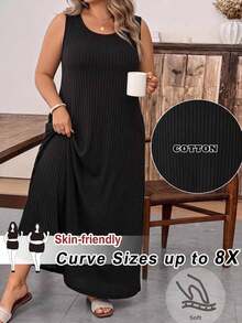 SHEIN CURVE+ 大尺碼女款寬鬆無袖黑色羅紋長洋裝，附口袋 - 黑色 - 查看 1