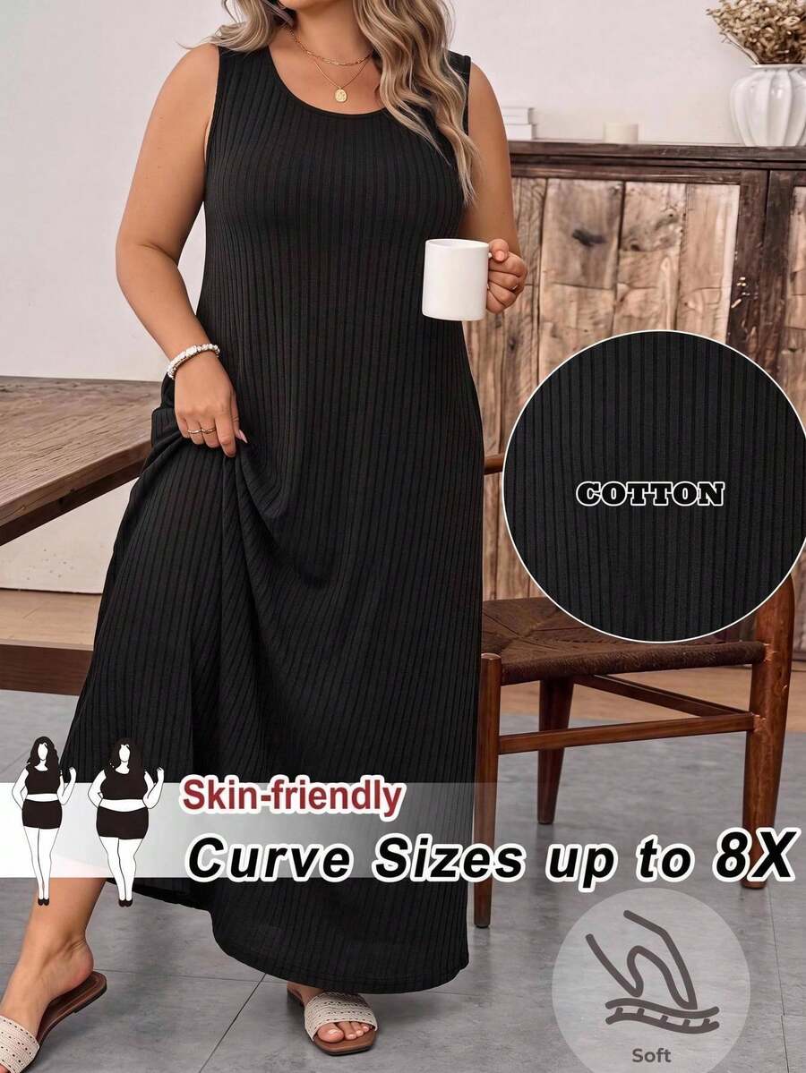 SHEIN CURVE+ 大尺碼女款寬鬆無袖黑色羅紋長洋裝,附口袋 - 黑色 - 查看 1
