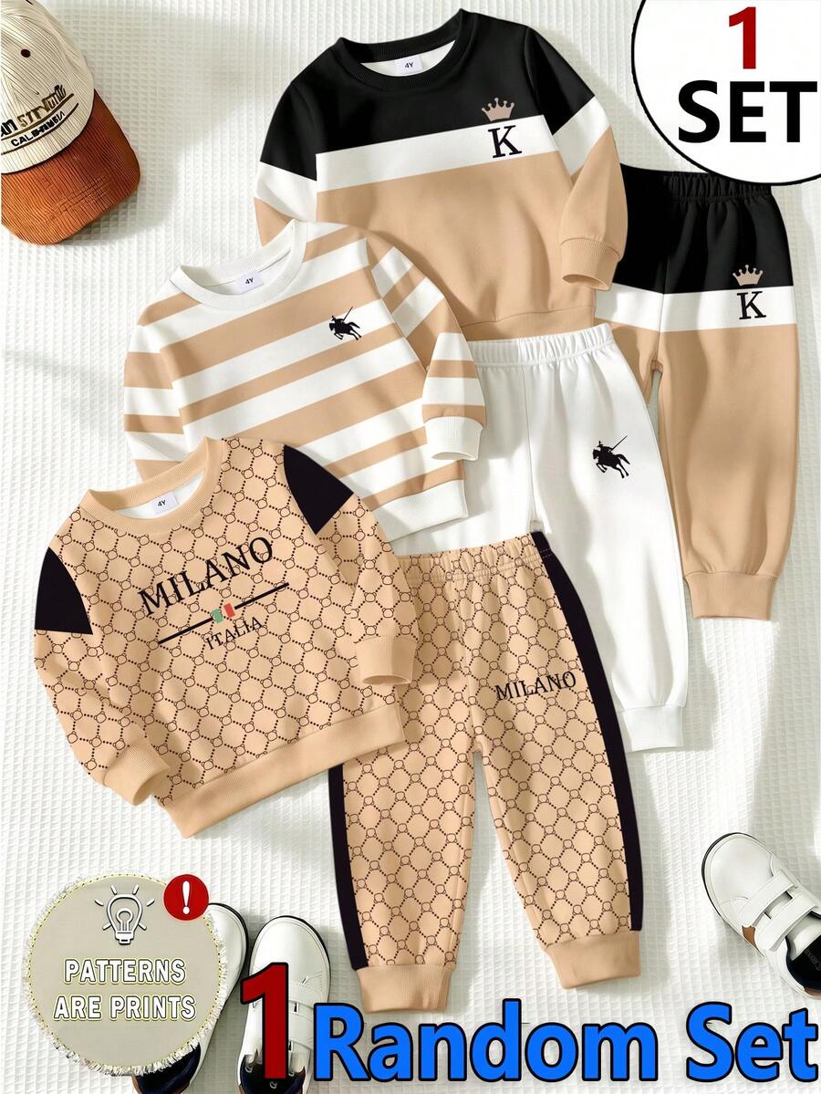 SHEIN 隨機3套買1套 街頭時尚休閒馬標誌圖案條紋印花圓領衛衣與配套印花長褲套裝,適合秋冬外出與休閒 - 彩色 - 查看 1