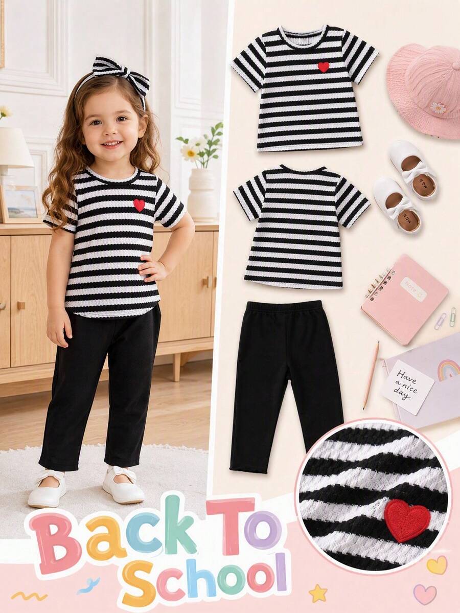 SHEIN Playful Pals 女嬰夏季兩件套，條紋圓領短袖上衣 + 黑色長褲，度假休閒風