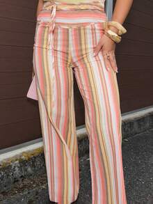 Jeta Ari Women's Striped Tie-Up Patchwork Long Pants,Cargo Pants - Orange - View 6