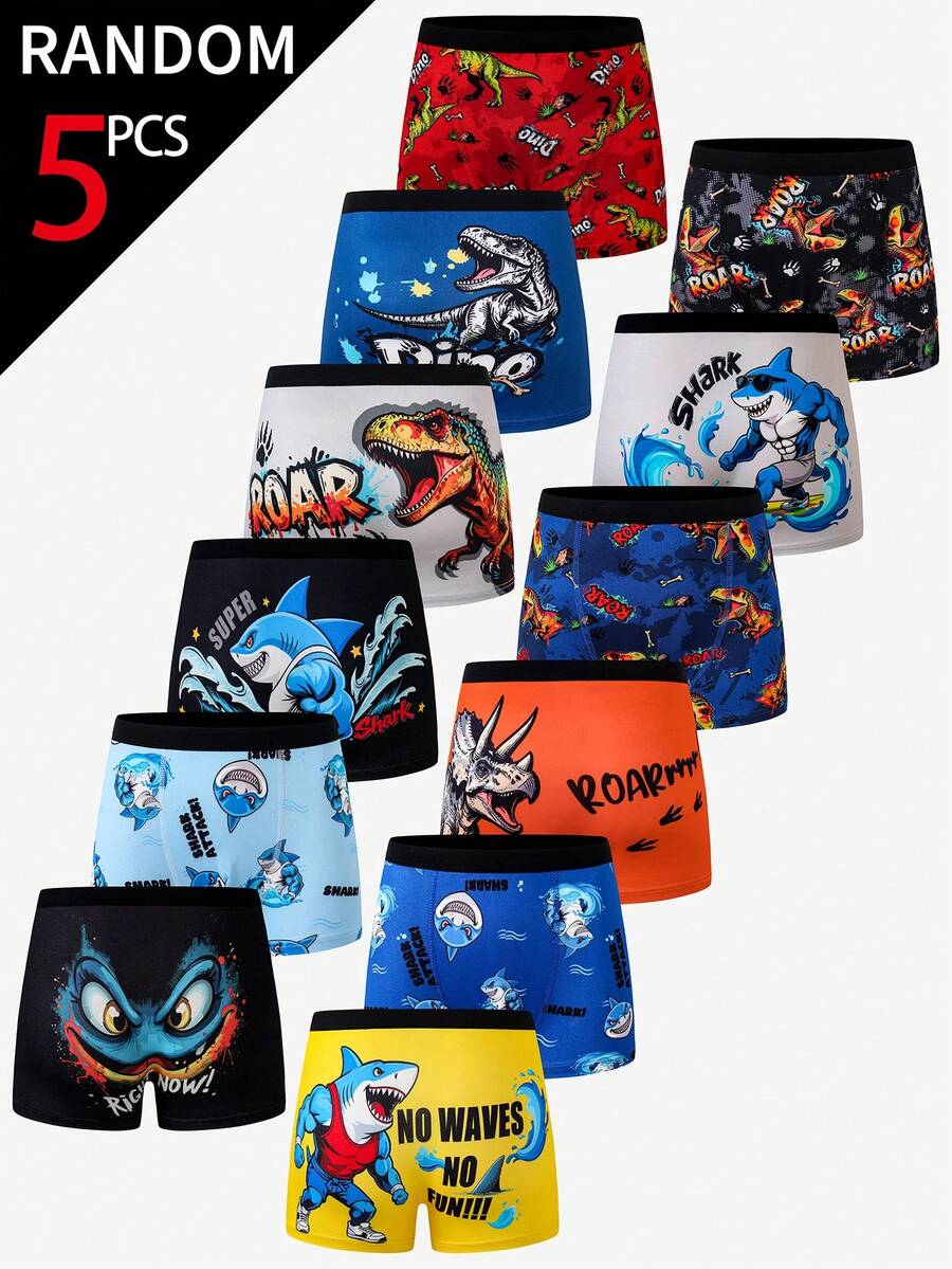 5 Item Acak Dari 12 Pakaian Dalam Anak Laki-Laki Sekolah Nyaman Lucu Warna-warni Multi-Warna Multi-Pola Motif Dinosaurus Hiu 5pcs Celana Dalam Boxer Acak - MultiWarna - View 1