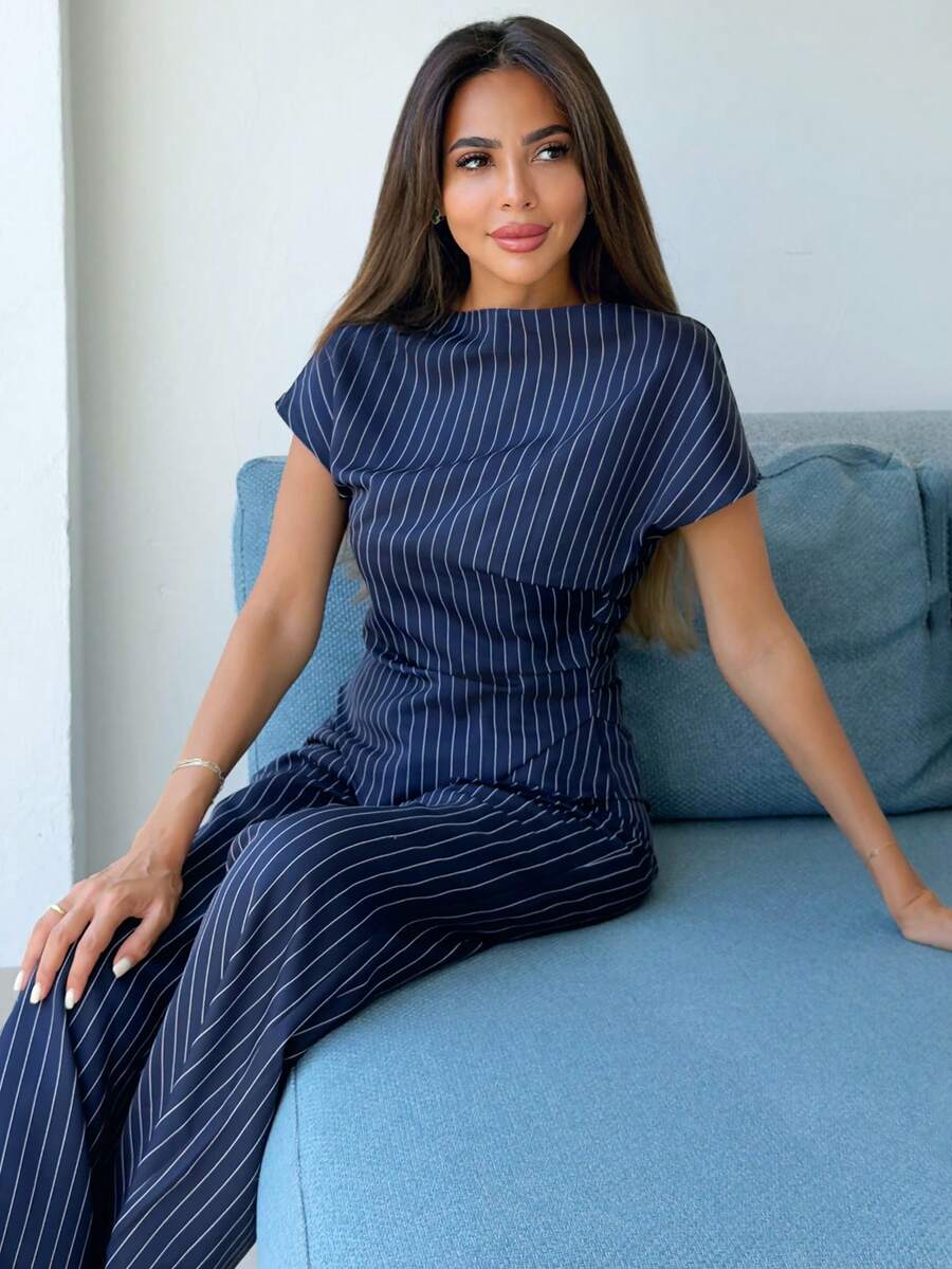 Alya Khalil 女款優雅海軍藍白條紋兩件套,夏季辦公收腰不對稱下擺襯衫與寬腿褲,時尚商務套裝 - 藍白色 - 查看 1