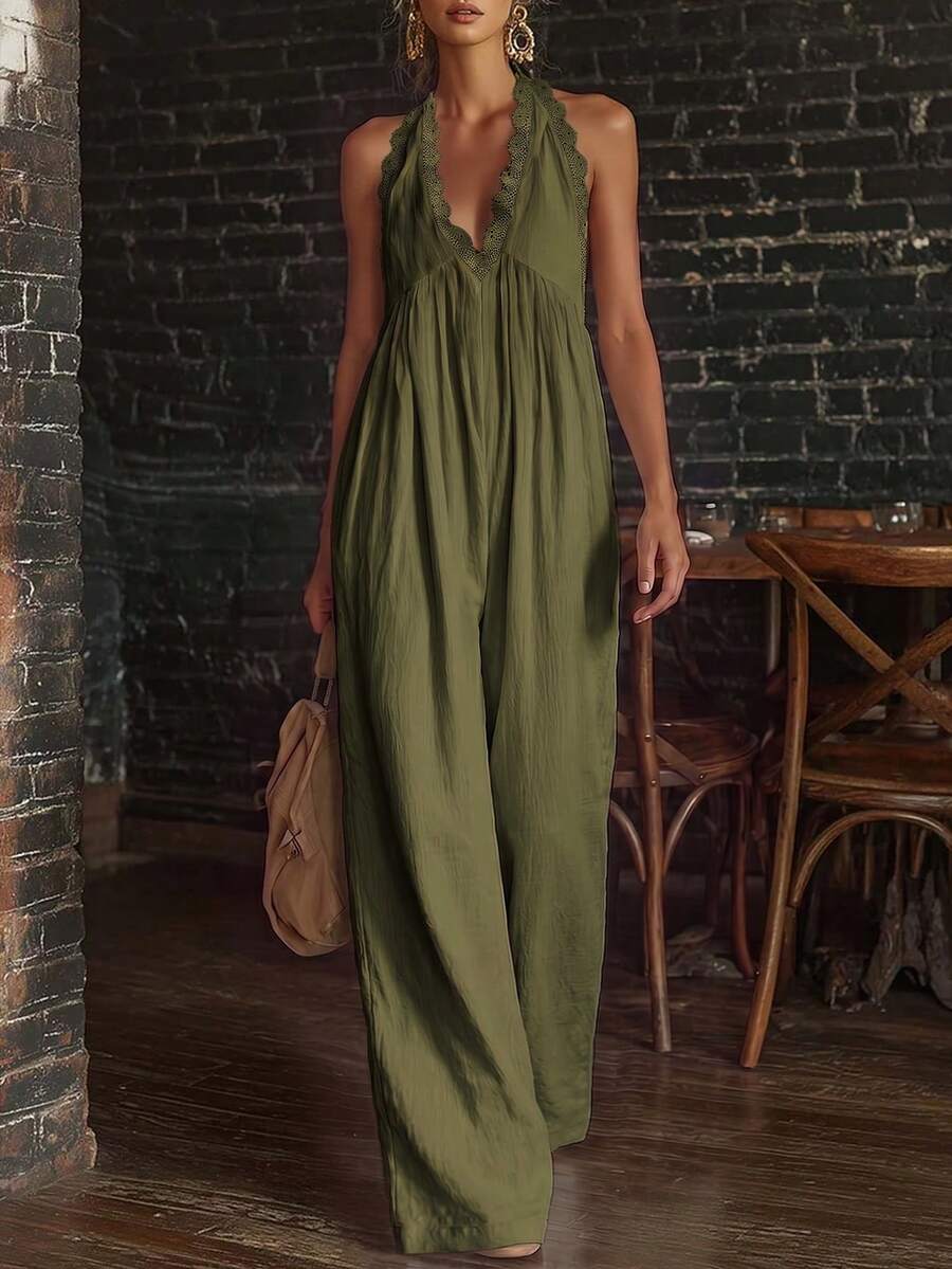 Women's Woven Casual Women's Wide-Leg Summer One-Piece Pants - Green - View 1