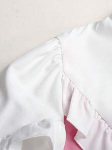 SHEIN Tween女孩返校穿搭，粉色與白色拼接長袖3D荷葉邊飾 - 粉色 - 查看 12