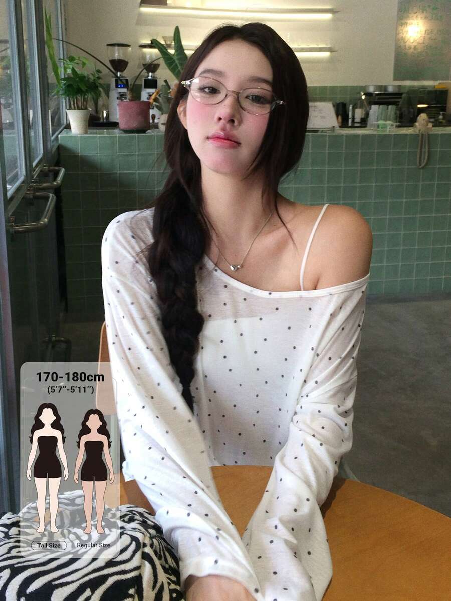 Dazy Tall Women's Large Scoop Neck Long Sleeve Polka Dot Casual Pullover T-Shirt Fall - White - View 1