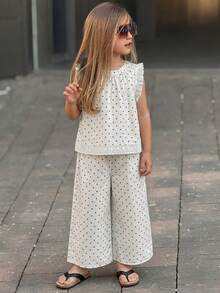 Dazy Kids 2pcs Young Girl Girls Sleeveless Allover Print Shirt + Woven Pants Set, Spring/Summer Vacation Thin Clothing - White - View 1