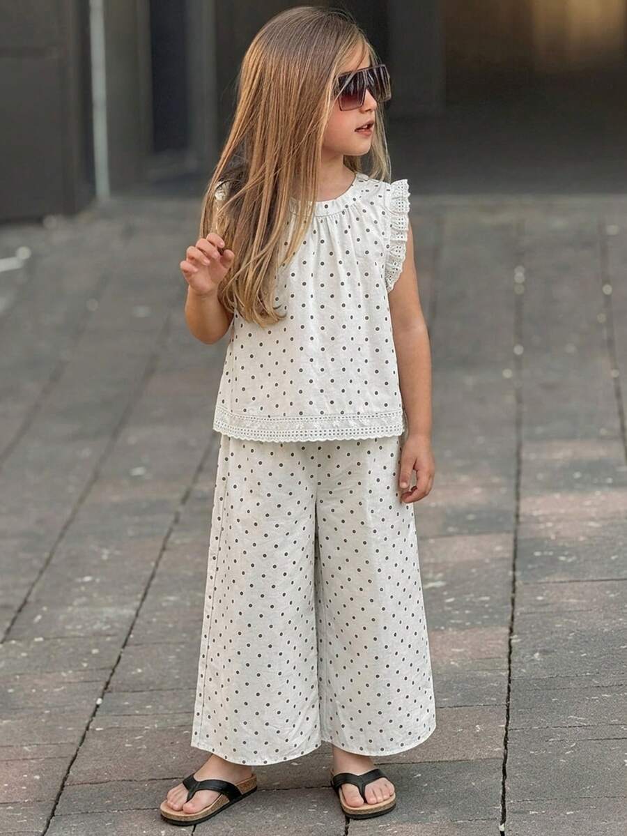 Dazy Kids 2pcs Young Girl Girls Sleeveless Allover Print Shirt + Woven Pants Set, Spring/Summer Vacation Thin Clothing - White - View 1