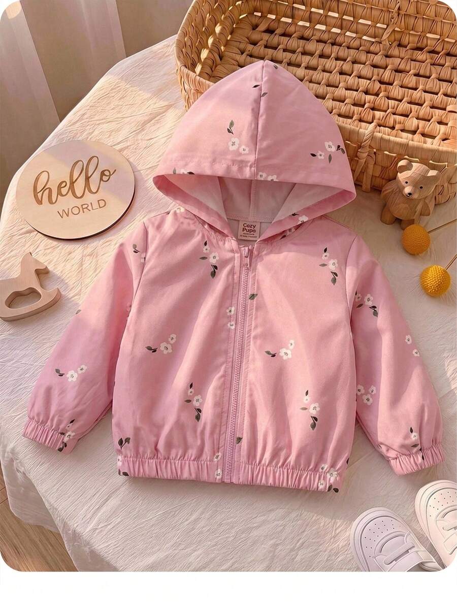 SHEIN Babygirl Cute Casual Pink Floral Pattern Hooded Autumn Winter Jacket - Pink - View 1