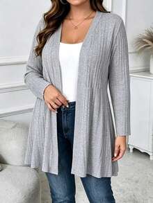 SHEIN LUNE CURVE Cardigan Rajut Lengan Panjang Warna Krem untuk Aktivitas Kasual Sehari-hari, Cocok untuk Kantor dan Perjalanan, Ukuran Besar, Awal Musim Gugur 2026 - Grey - View 1