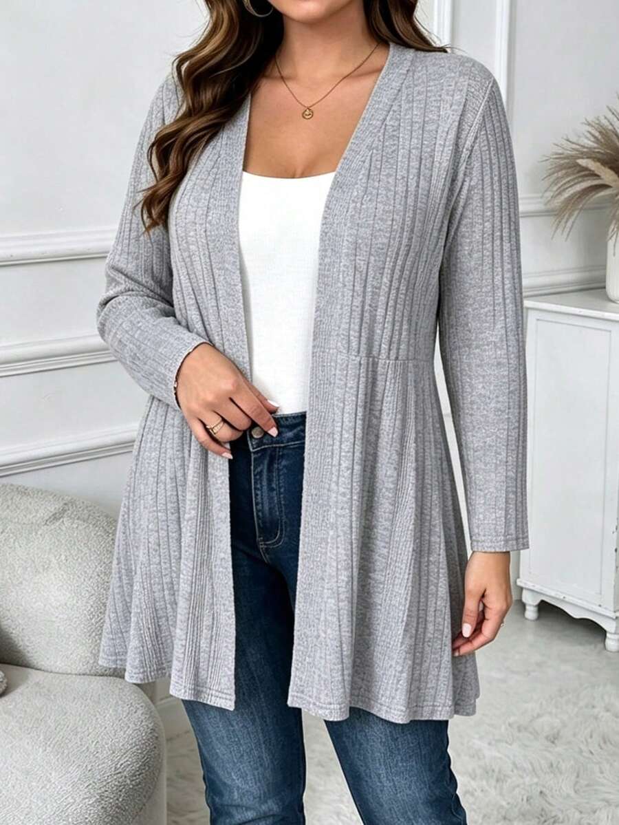 SHEIN LUNE CURVE Cardigan Rajut Lengan Panjang Warna Krem untuk Aktivitas Kasual Sehari-hari, Cocok untuk Kantor dan Perjalanan, Ukuran Besar, Awal Musim Gugur 2026 - Grey - View 1