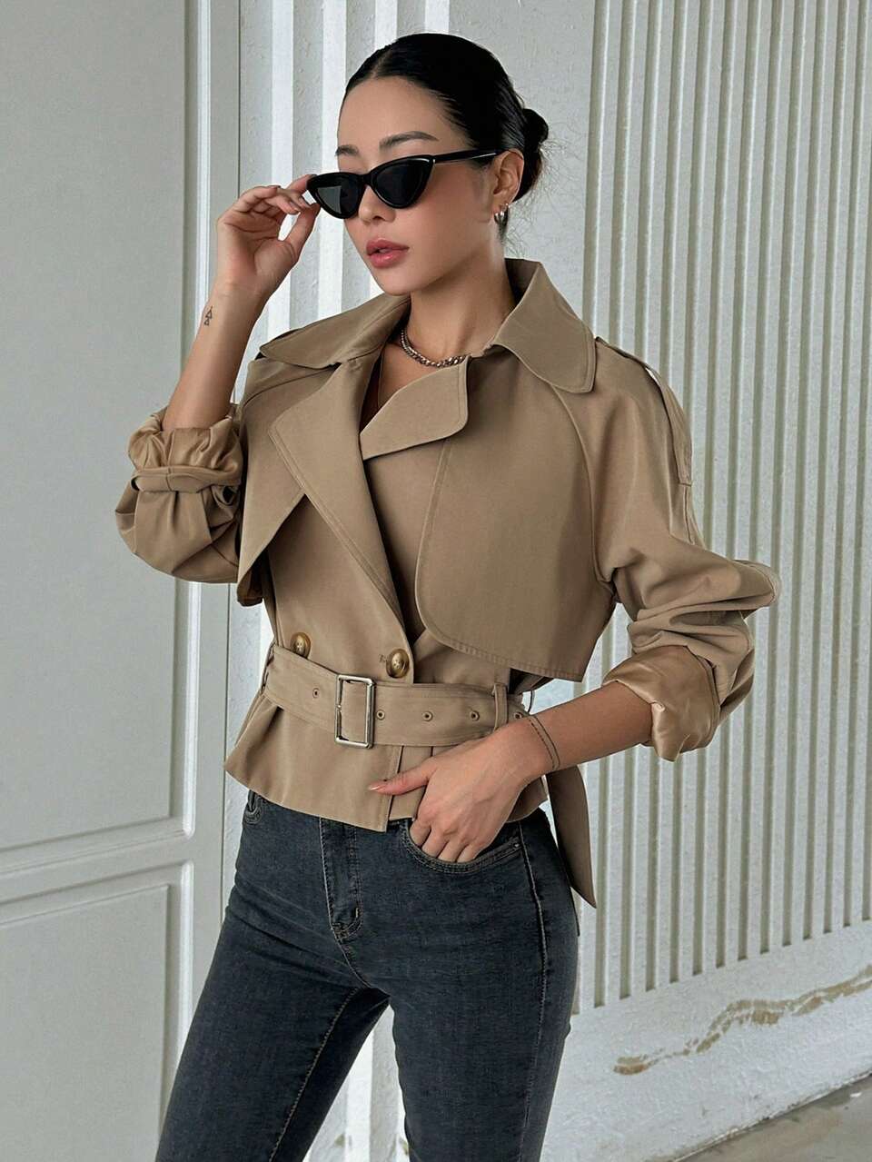 Women's Short Long Sleeve Cinched Waist Trench Coat, Casual Urban Jacket Fall