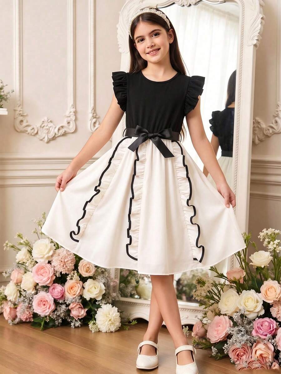 SHEIN Tween Girls Fashion Colorblock Flutter Sleeve Bow Dress - Multicolor - View 1