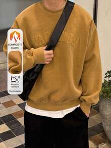 DAZY Autumn/Winter Thermal Lined Camel Color Letter Patchwork Crew Neck Short Loose Fit Men's Pullover Sweatshirt - Camel - View 4