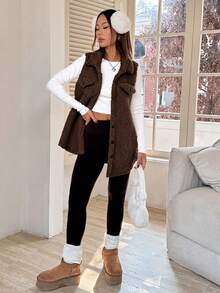 SHEIN EZwear 1件女款純色鈕扣前襟無袖口袋休閒極簡風背心，秋冬日常穿著/旅行度假，棕色 - 棕色 - 查看 4