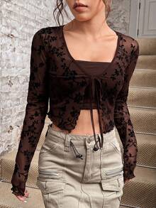 SHEIN EZwear Women's All-Over Print Casual Versatile Everyday Top - Brown - View 3