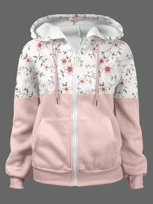 SHEIN Plus Size Women's Floral Print Long Sleeve Zip-Up Sweatshirt With Drawstring - Multicolor - View 3