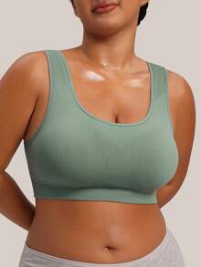 Barelissa 1pc Seamless Ribbed Solid Color Medium Support Deep U-Neck Sports Bra For Women, Wide Strap, Wire-Free Fixed Cups, Push-Up And Side-Boob Support, Daily Base Layer Camisole - Green - View 4