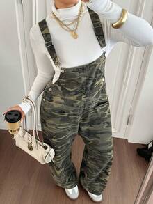 Dazy Plus Camouflage Print Pocket Casual Streetwear Sweet Cool Loose Fit Long Denim Overalls Plus Size Women Spring Summer - Army Green - View 7
