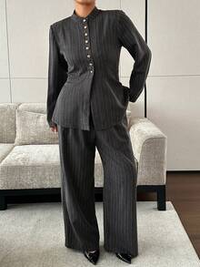Dazy Plus Autumn/Winter High Neck Waist-Cinching Striped Top & Casual Long Pants 2 Pieces Set, Fun Commuter Style - Grey - View 8