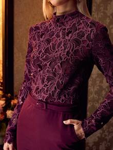MOTF PREMIUM ELEGANT SLIMMING HOLLOW LACE PATCHWORK LONG SLEEVE WOMEN JUMPSUIT - Red Violet - View 2
