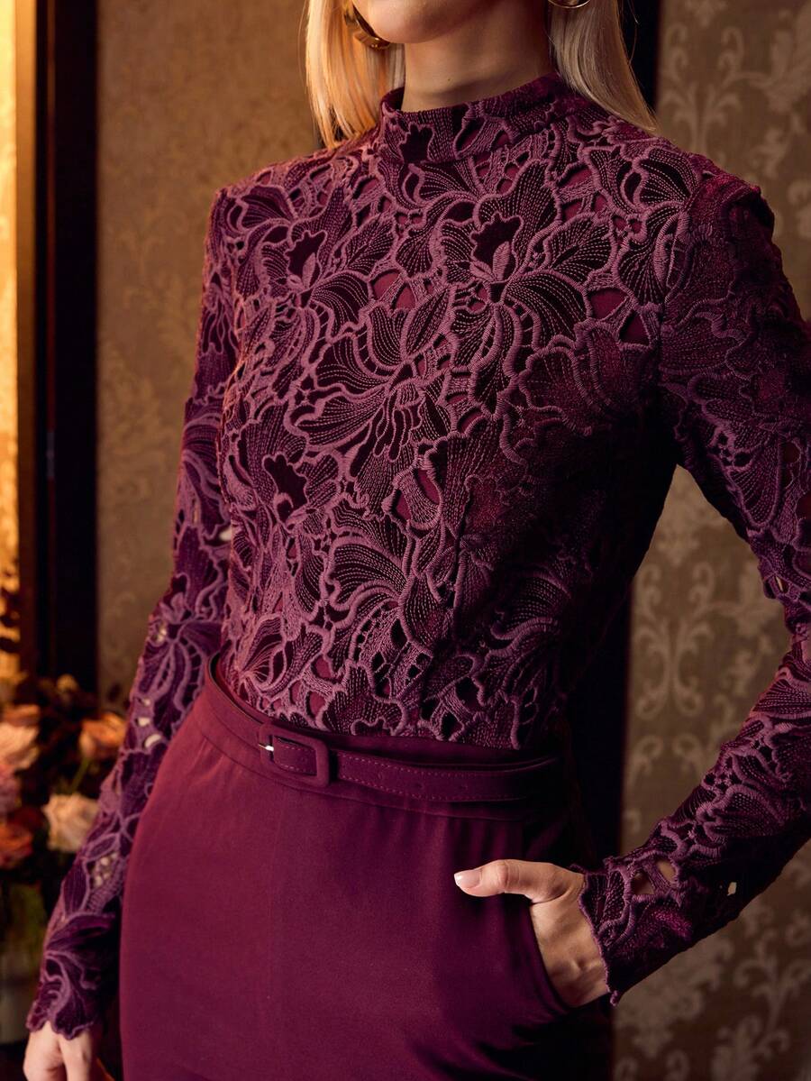 MOTF PREMIUM ELEGANT SLIMMING HOLLOW LACE PATCHWORK LONG SLEEVE WOMEN JUMPSUIT