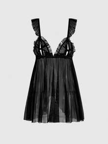 ROMWE Goth Conjunto de lencería sexy de malla transparente gótica oscura con camisón y tanga - Negro - Ver 7