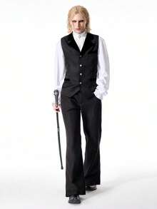 ROMWE MEN Men's Jacquard Lapel NeckSingle-Breasted Business Travel Suit Vest - Black - View 5