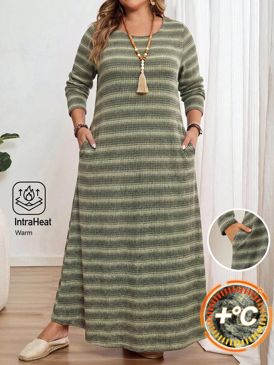 EMERY ROSE Plus Size Women's Casual Striped Long Sleeve Dress, Autumn - Multicolor - View 1