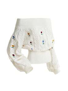 ROMWE Kawaii Autumn/Winter Christmas Off-Shoulder Embroidered Cable Knit Sweet White Women's Warm Sweater - Apricot - View 1