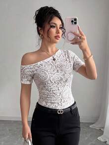 Selianne Summer Elegant Faux Lace Print Asymmetric Collar T-Shirt - Apricot - View 3