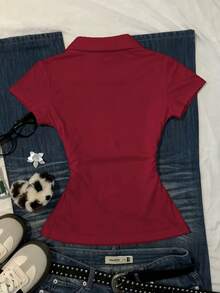 IslaSuriya Women's Casual Letter Print T-Shirt, Summer - Burgundy - View 2