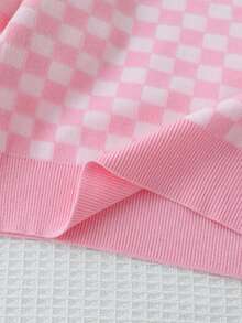 SHEIN 女童針織套裝，粉色可愛刺繡兔子格紋毛衣 + 針織迷你裙 2 件套，青少年女款長袖 V 領套頭衫，休閒優雅風，秋冬款 - 粉色 - 查看 8