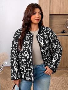 Lounesse Plus Size Printed Contrast Color Single-Breasted Long Sleeve Pocket Padded Coat - Black and White - View 3