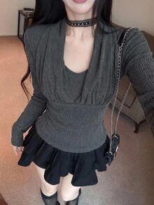 Joudiya 秋季灰色抓皺領百褶腰修身顯瘦休閒約會晚餐通勤婚禮宴會辦公優雅長袖女款T恤 - 灰色 - 查看 2